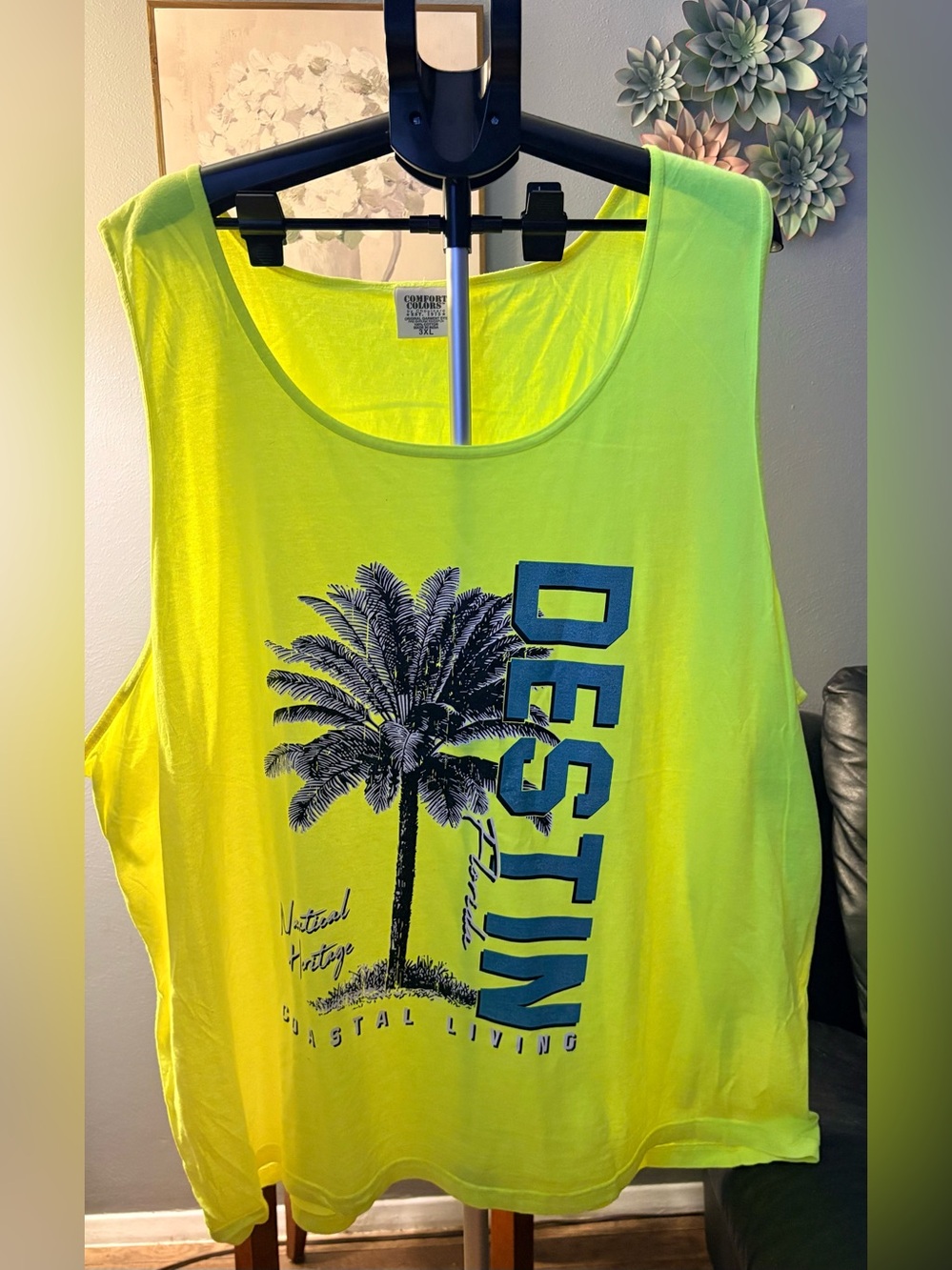 Comfort Colors Destin Palm-Print Neon Yellow Tank Top